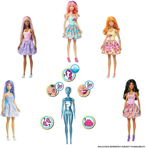 Barbie Color Reveal Doll with 7 Surprises: 4 Mystery Bags Contain Surprise Wig, Skirt, Shoes & Sponge; Water Reveals Metallic Blue DollÃƒÆ’Ã‚Â¢ÃƒÂ¢Ã¢â‚¬Å¡Ã‚Â¬ÃƒÂ¢Ã¢â‚¬Å¾Ã‚Â¢s Look & Creates Color Change on Face & Wig