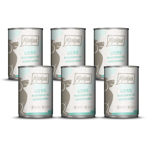 MjAMjAM - premium wet food for dogs - good turkey on boiled rice with steamed zucchini, pack of 6 (6 x 400 g), natural with extra meat