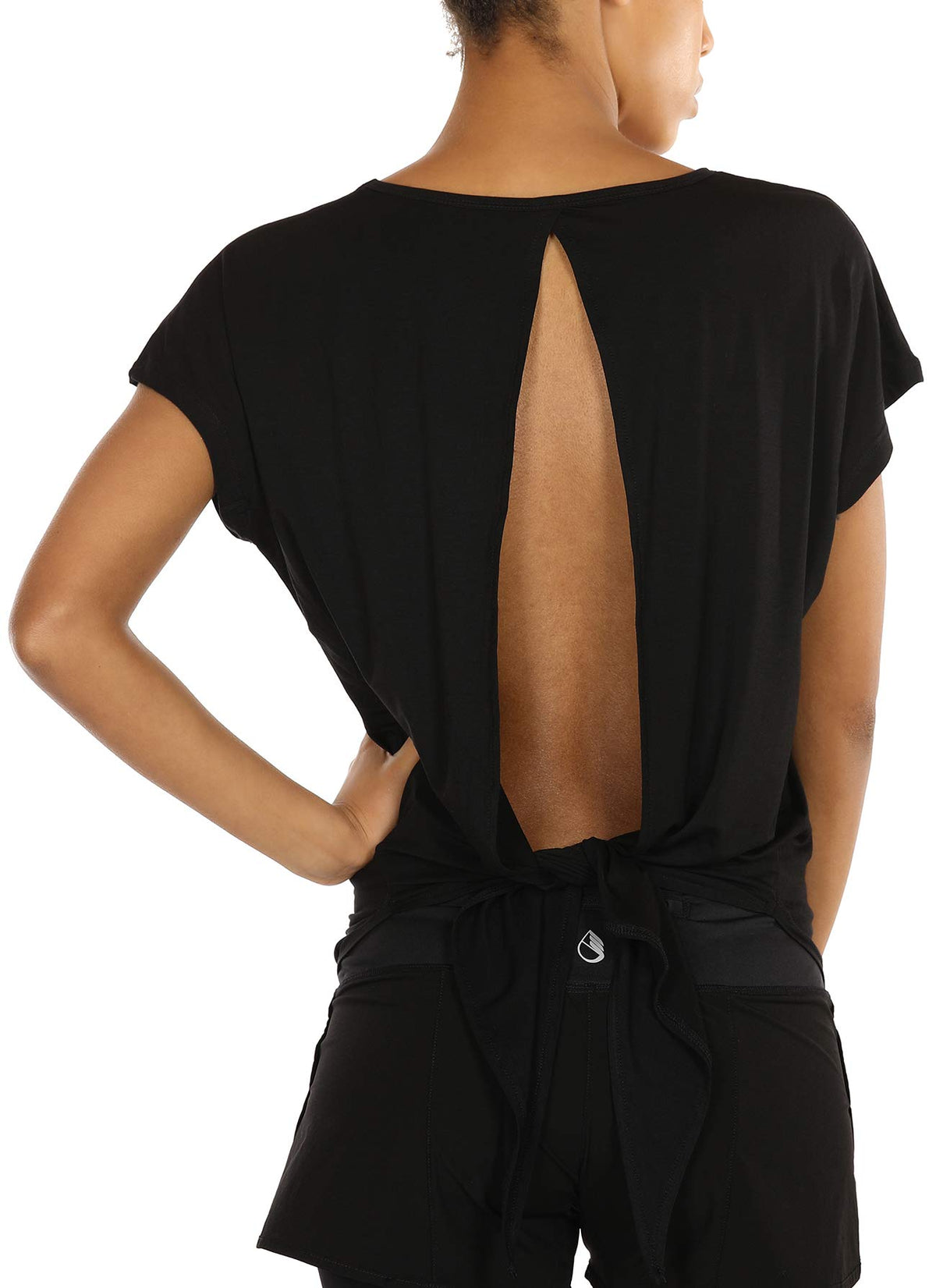 icyzone Womens Open Back Workout T-Shirts Gym Yoga Tops Tie Back Sport Shirts (L, Black)