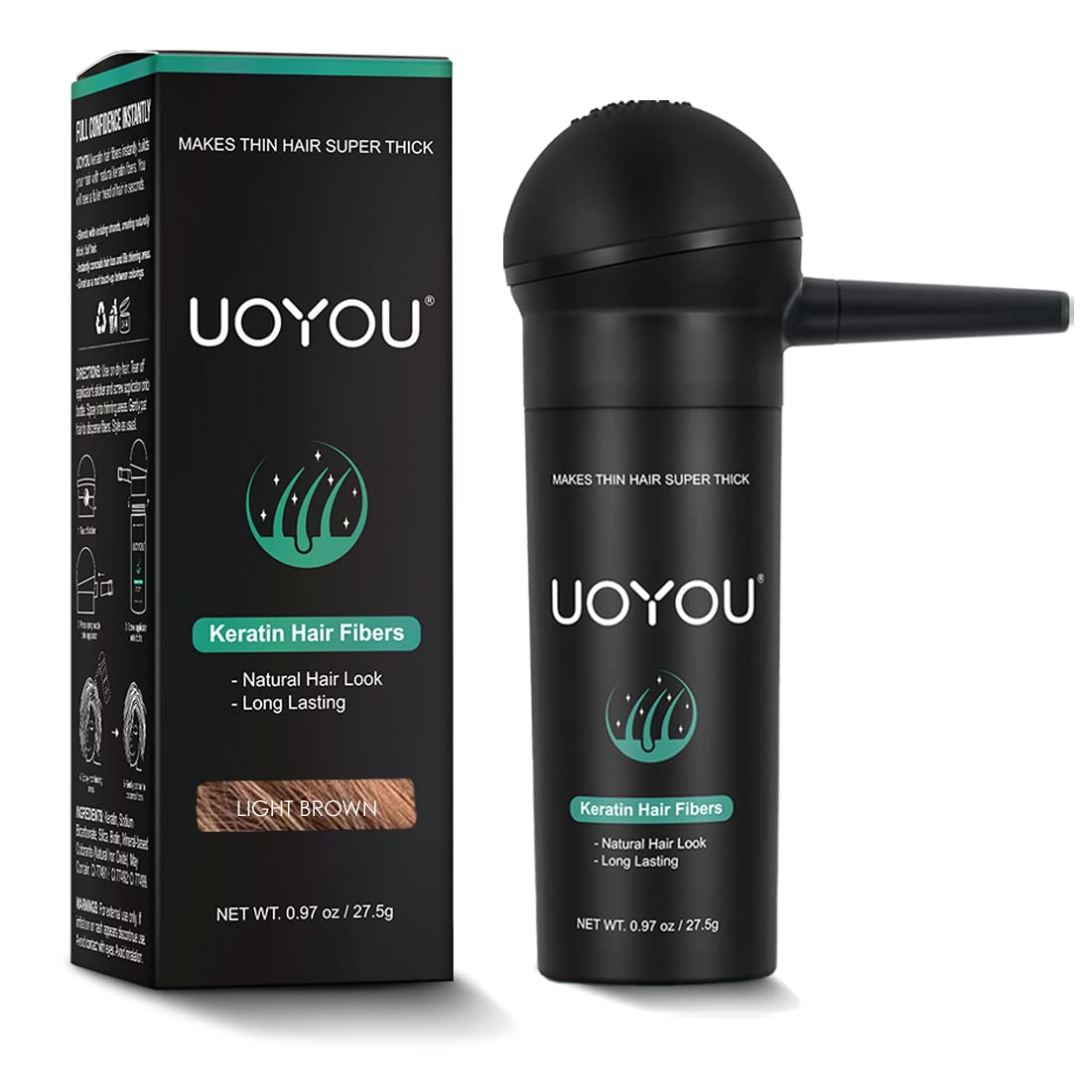 UOYOU LIGHT BROWN Hair Fibres for Thinning Hair 27.5g Bottle with Applicator | Natural Keratin Hair Fibers Concealer for Hair Loss for Men and Women | Hair Building Fibres Powder [LIGHT BROWN]