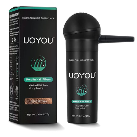 UOYOU LIGHT BROWN Hair Fibres for Thinning Hair 27.5g Bottle with Applicator | Natural Keratin Hair Fibers Concealer for Hair Loss for Men and Women | Hair Building Fibres Powder [LIGHT BROWN]