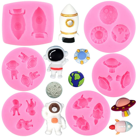 RFGHAC Space Theme Mould Astronaut Silicone Moulds Spaceship Planet Rocket Satellite Fondant Mould for Cake Decoration Cupcake Topper Cookie Candy Chocolate Gum Paste Polymer Clay Set of 6