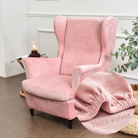 Highdi Wingback Chair Covers 2 Piece Stretch Wing Chair Slipcover, Fashion Solid color Velvet Strandmon Sofa Cover Furniture Protector for Armchair Chairs Living Room Bedroom Hotel (Pink)