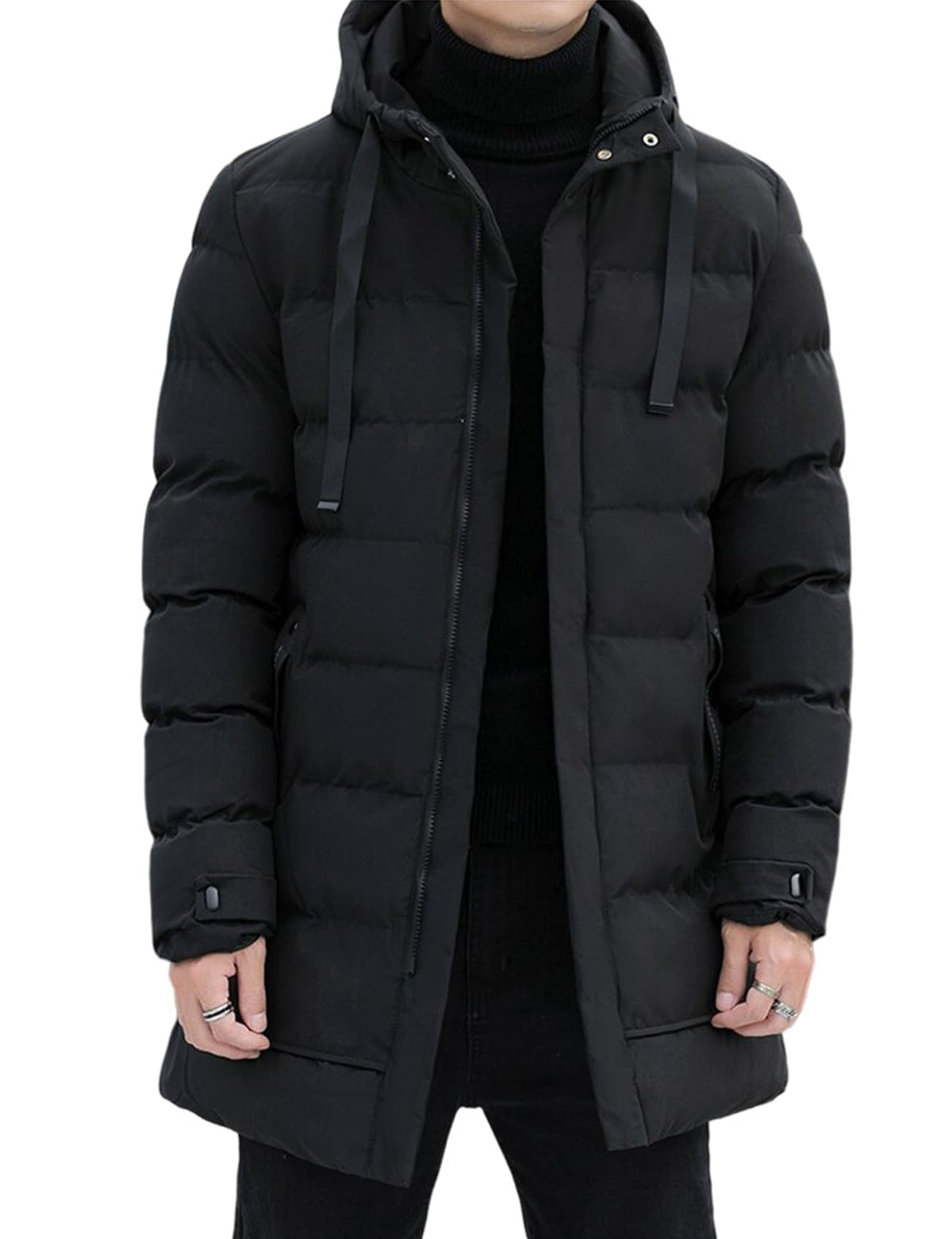 Gihuo Men's Winter Puffer Jacket Hooded Zip Up Long Coat Warm Quilted Down Jackets with Pockets, Black, XL