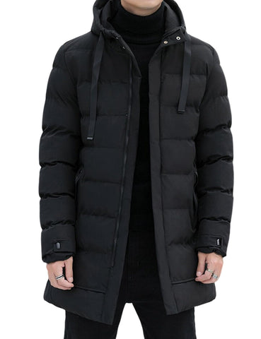 Gihuo Men's Winter Puffer Jacket Hooded Zip Up Long Coat Warm Quilted Down Jackets with Pockets, Black, XL