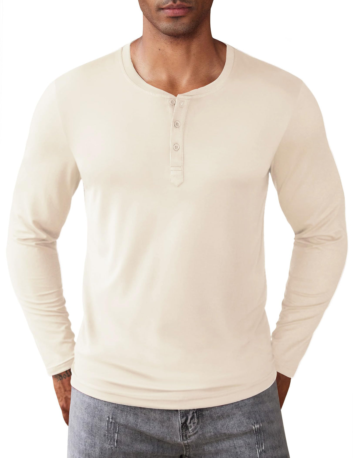 COOFANDY Men's Henley Shirts Long Sleeve Fashion Casual Tee Basic Lightweight T-Shirt Beige