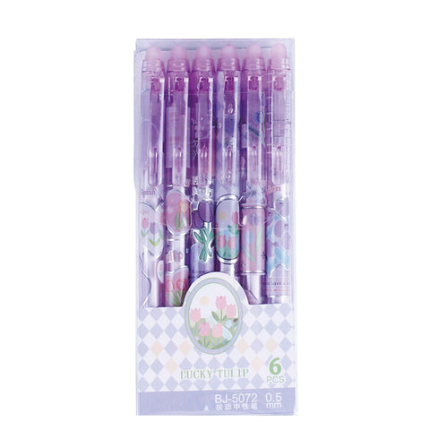 MOZXIRZ 6 Pcs Erasable Gel Ink Pens Retractable Pens Cute Flower Pens 0.5mm Fine Point Pen Office School Pens Women Girls Pens (Blue Ink-Tulip)