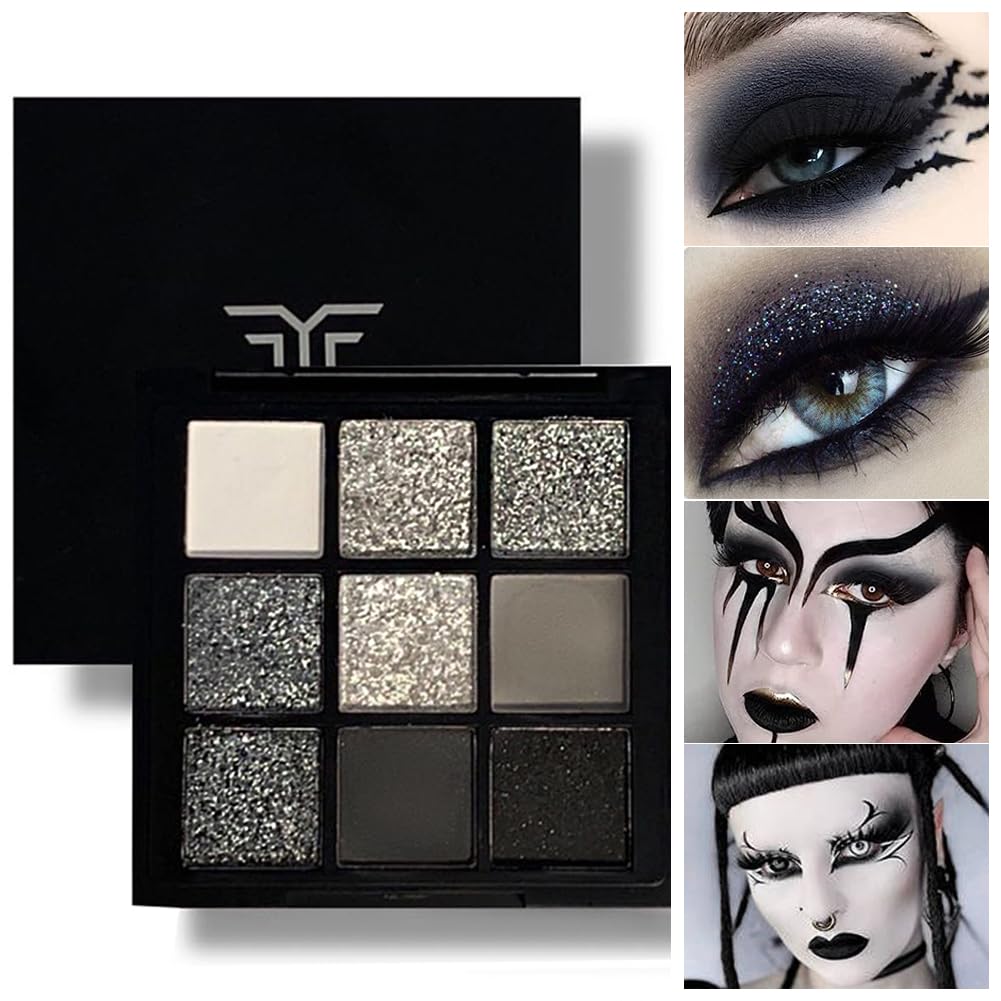 GL-Turelifes 9 Colors Matte&Pearl Black Eyeshadow Palette, Smoky Eye Shadow Makeup, Silver Glitter Grey Eyeshadow with Mirror Waterproof Sweat-proof Long Lasting Eye Shadows (Black)