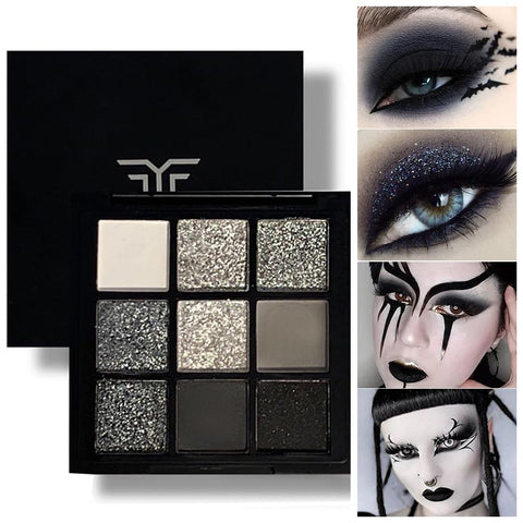 GL-Turelifes 9 Colors Matte&Pearl Black Eyeshadow Palette, Smoky Eye Shadow Makeup, Silver Glitter Grey Eyeshadow with Mirror Waterproof Sweat-proof Long Lasting Eye Shadows (Black)