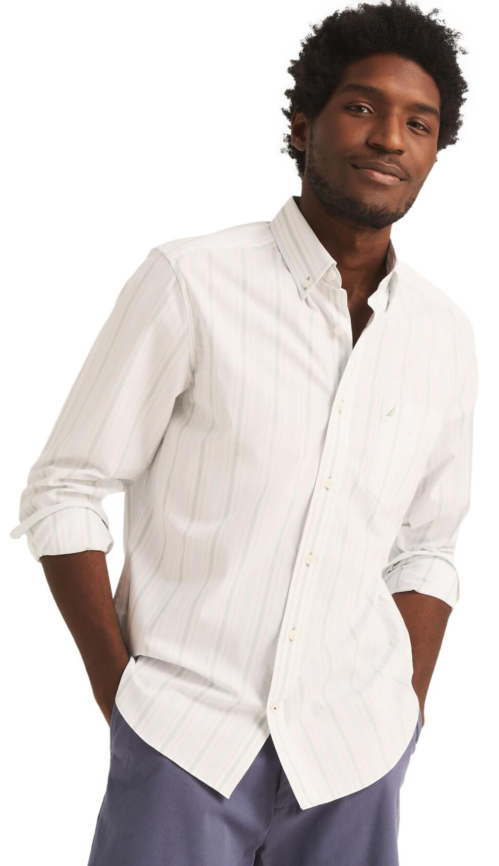 NAUTICA Mens Classic Button-down-shirts, Stripe Light Blue/ Fern., Large US