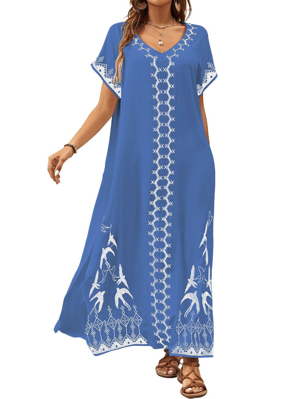 Bsubseach Kaftan Dresses for Women Swimsuit Coverup Beach Caftans Cover Ups for Swimwear Loungewear Bird Embroidery Blue