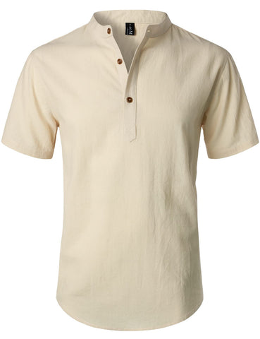 LucMatton Men's Casual Cotton Linen Short Sleeve Henley Shirt Summer Lightweight Banded Collar Beach Tops Beige Cream Small
