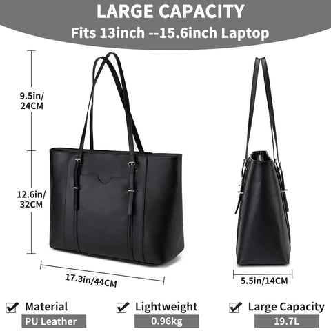 VASCHY Laptop Tote Bag for Women, PU Leather Water Resistant Handbag for Travel, Work, School Teacher Shoulder Bag Fits 15.6 inch Laptop (Black)