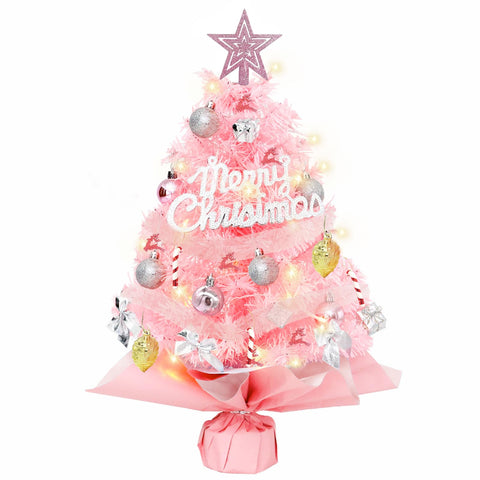 LED Artificial Christmas Tree Small, Pink Christmas Tree Decorated with Lighting, Hanging Ornaments, Tree Top Star, Mini Lights Christmas Tree Decoration, DIY Christmas Decoration Indoor Outdoor