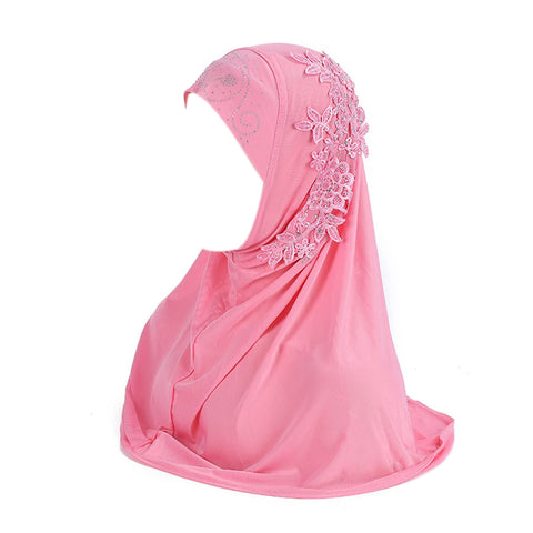 Caviotess Women One Piece Muslim Hijab Lace Applique Head Wrap Scarf Shawl with Rhinestones