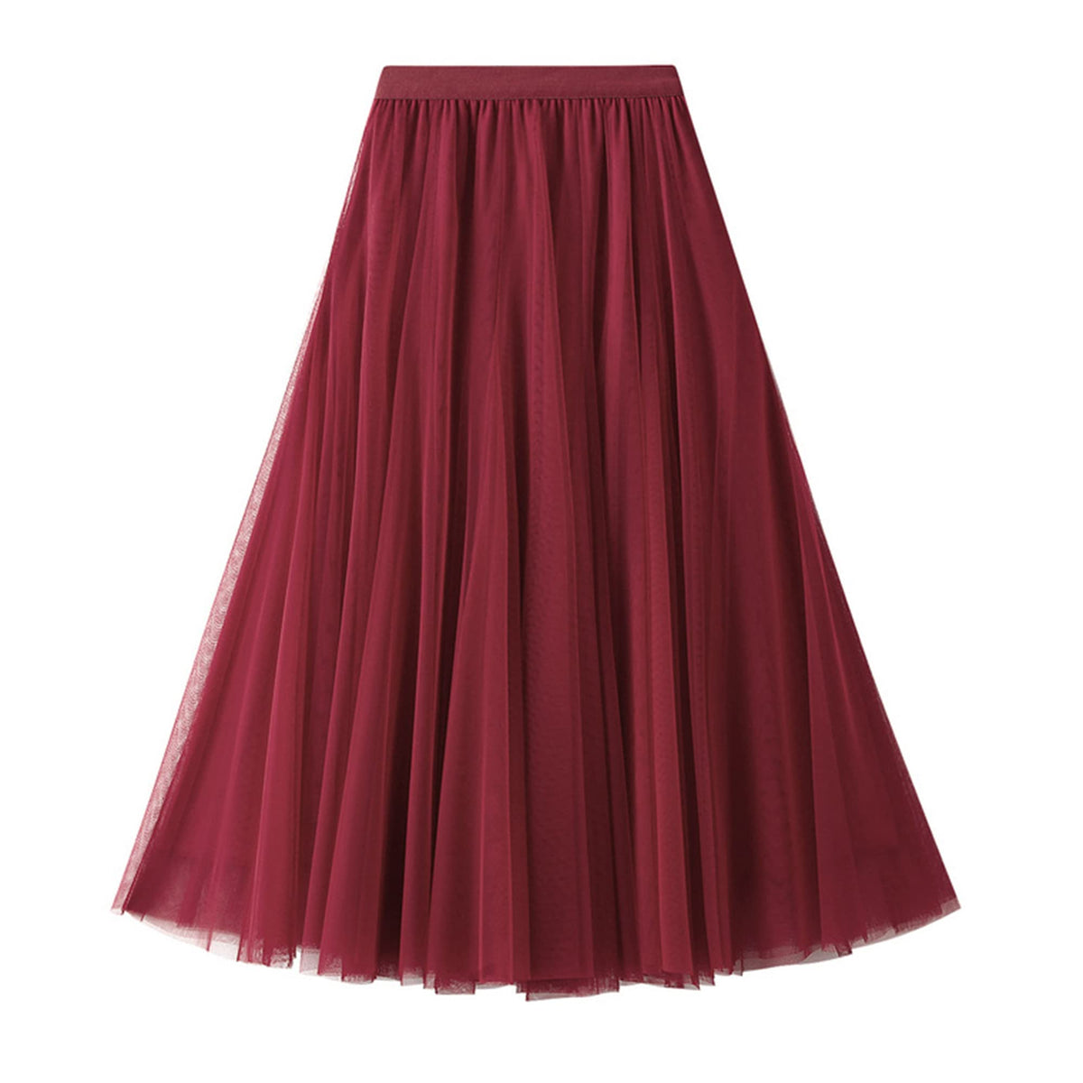 Dirholl Women's A-Line Fairy Elastic Waist Tulle Midi Skirt, Burgundy, One Size