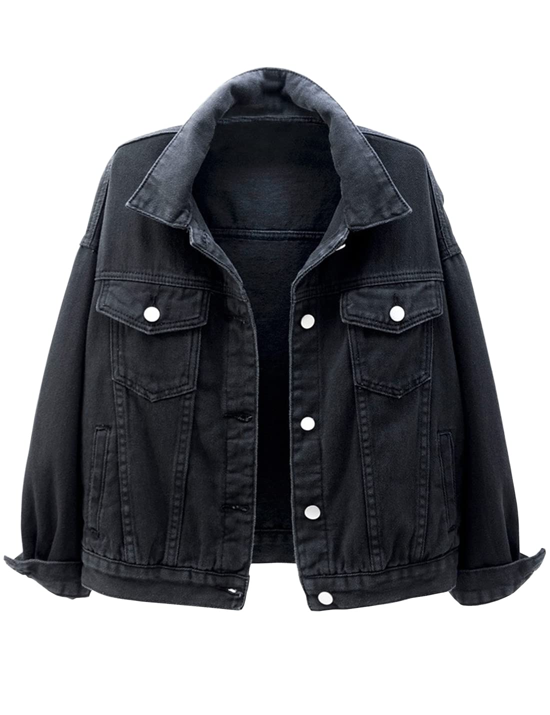 Locachy Women's Casual Denim Jacket Solid Color Basic Long Sleeve Jean Jacket Coat Black L