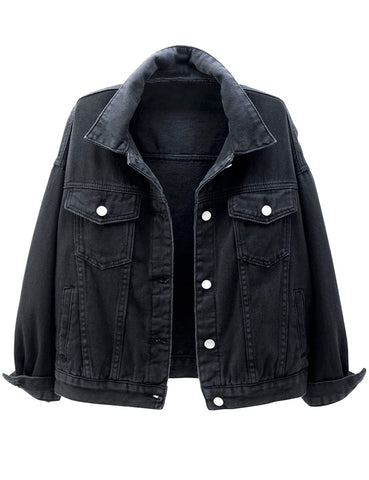 Locachy Women's Casual Denim Jacket Solid Color Basic Long Sleeve Jean Jacket Coat Black L