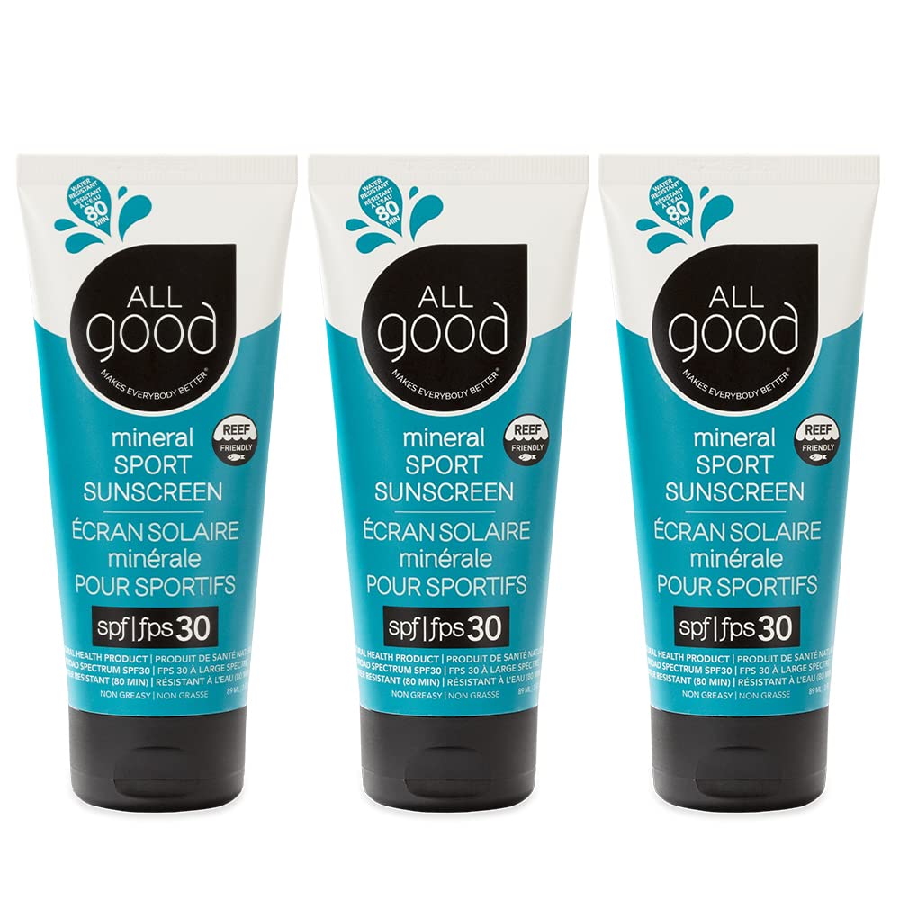 All Good Sport Mineral Sunscreen Lotion - Coral Reef Friendly, Water & Sweat Resistant, Face & Body, UVA/UVB Broad Spectrum SPF 30+ (3 oz)(3-Pack)