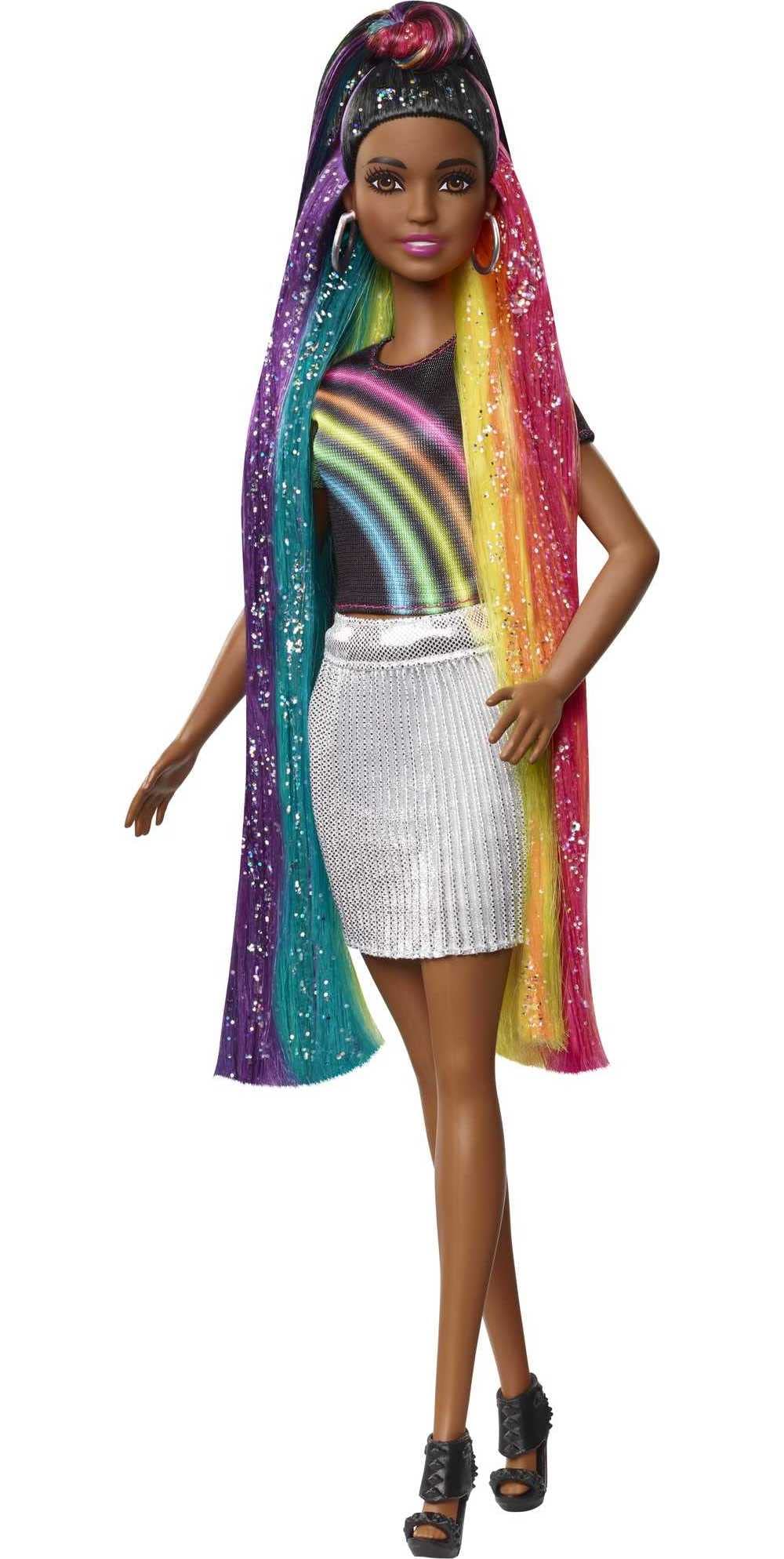 Barbie Rainbow Sparkle Hair Doll Featuring Extra-Long 7.5-inch Brunette Hair with a Hidden Rainbow of Five Colors, Sparkle Gel and Comb and Hairstyling Accessories, Gift for 5 to 7 Year Olds