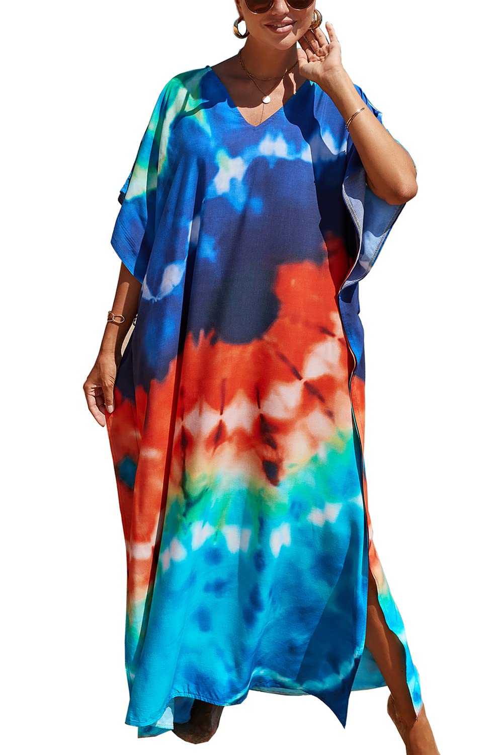 YouKD Women's Long Kaftan Bohemian Beach Swimsuit Cover Up Dress Plus Size Robe