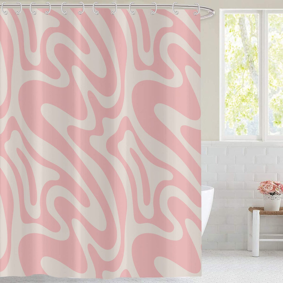 Hnmdmyi Pink Shower Curtain 180x200, Abstract Retro 70s Shower Curtains Modern Aesthetic Wavy Swirl Minimalist Girls Bathroom Curtains Waterproof Polyester Fabric Washable Bath Curtains with Hooks