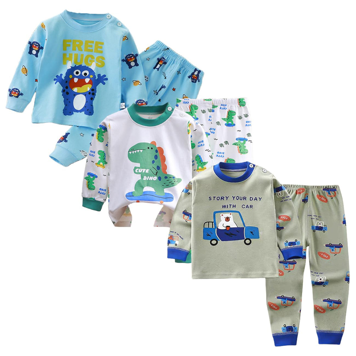 XM-Amigo Boys Kids Pyjamas 3 Set Lion Robot Bear Print Kids Pjs Pajama Long Sleeve Top Cotton Sleepewar Shirts & Pants Bottoms Nightwear Children Outfit 3 Years,Label :100/65