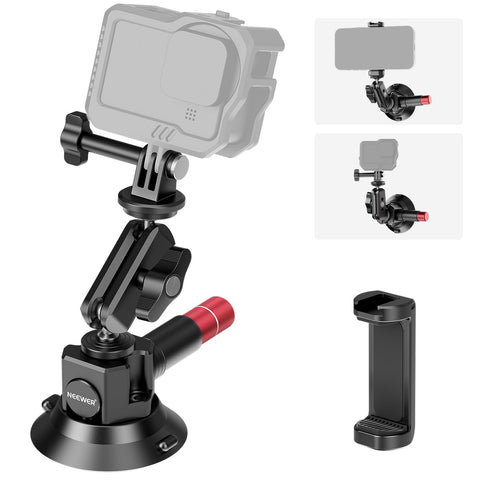NEEWER 3" Suction Cup Camera Mount Bracket with Ball Head Magic Arm, 1/4" ARRI Holes, Quick Release Car Mount with Holder & Action Cam Adapter Compatible with DJI Insta360, CA104