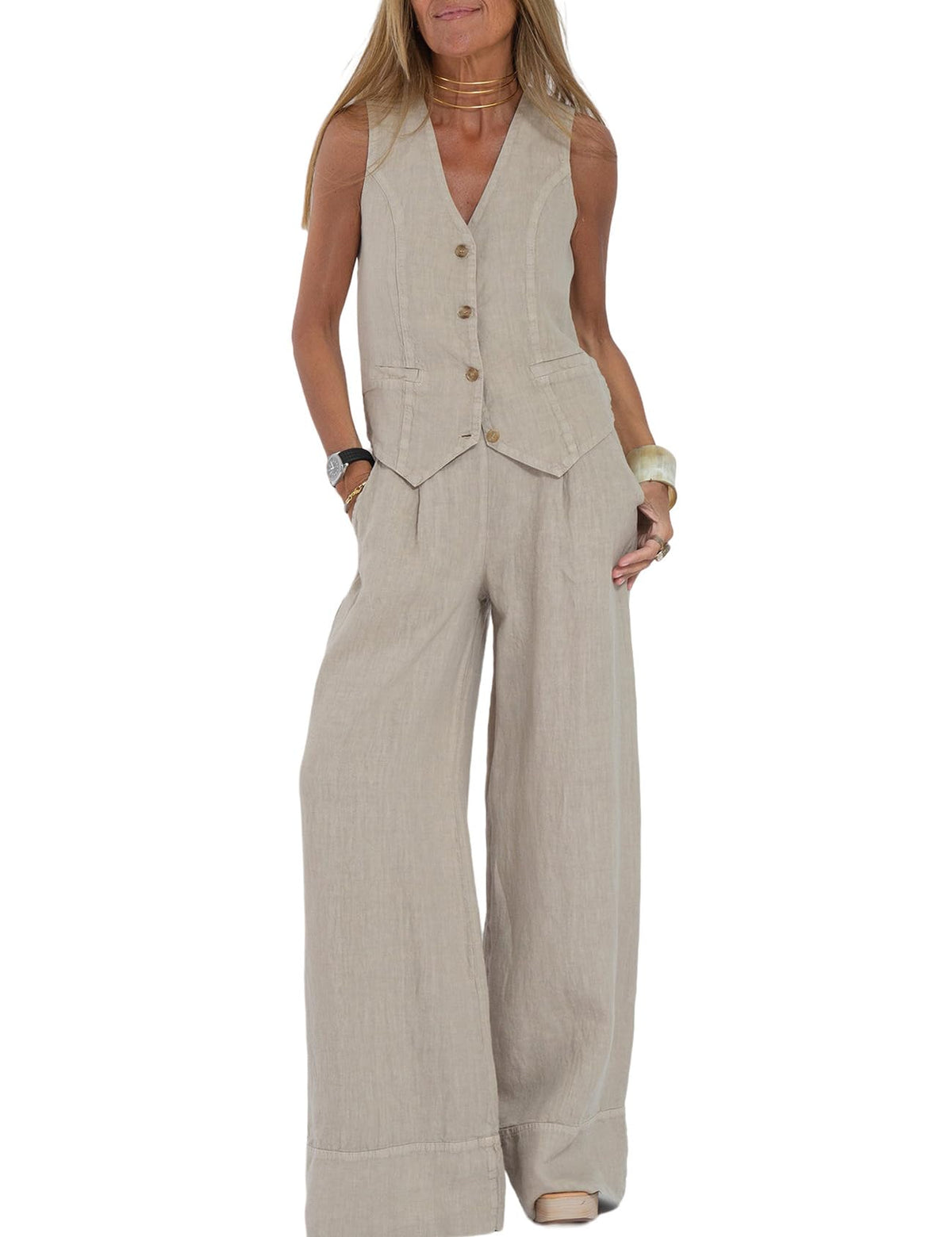 Perbai Womens V Neck Sleeveless Crop Vest Wide Leg Pants Sets 2 Piece Blazer Suits Summer Matching Sets, Beige, XL