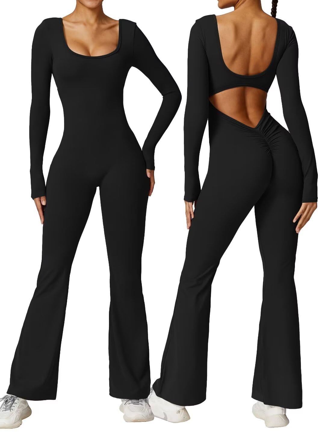 Vertvie Women Flare Jumpsuits Long Sleeve Sexy Backless Padded Bodycon Rompers Scrunch Butt V Back Playsuit Workout Bodysuit(Black,X-Small)