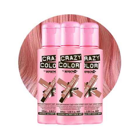 Crazy Color Metallic Rose Gold Semi-Permanent Trio Hair Dye. Highly Pigmented Metallic Peach Conditioning & Oil Nourishing Vegan Formula | No Bleach or Ammonia | 300ml