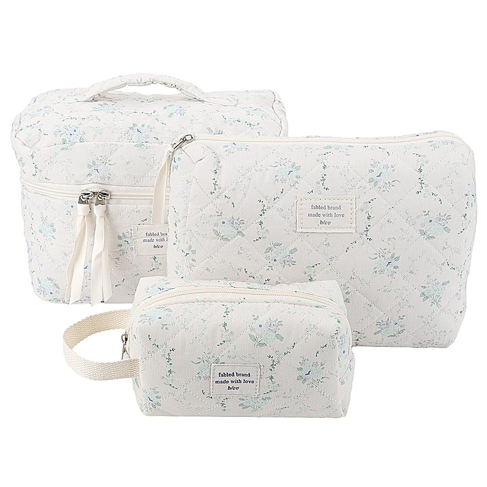 CHAMAIR 3Pcs Coquette Makeup Bag - Quilted Cosmetic Bag Large Make Up Bag Set Aesthetic Floral Toiletry Bag Cotton Travel Skincare Bag for Women Ladies Girls (Style B90)
