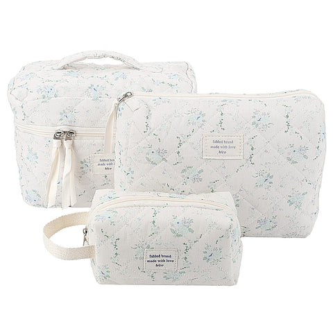CHAMAIR 3Pcs Coquette Makeup Bag - Quilted Cosmetic Bag Large Make Up Bag Set Aesthetic Floral Toiletry Bag Cotton Travel Skincare Bag for Women Ladies Girls (Style B90)