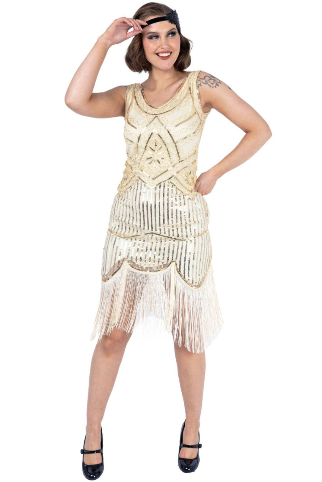 Ro Rox Great Gatsby 1920's Cocktail Party Sequin Tassel Flapper Dress Vintage, Champagne, 3XL