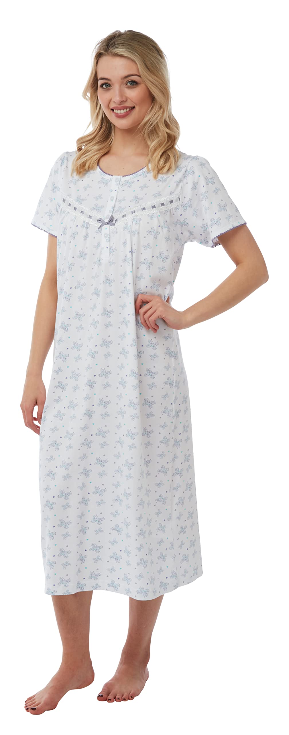Ladies Short Sleeved 100% Cotton Jersey Butterfly Print Nightdress. Cerise, Navy, Lilac or Coral.Sizes 8-10 12-14 16-18 20-22 24-26 28-30 (LILAC 2, 28-30)