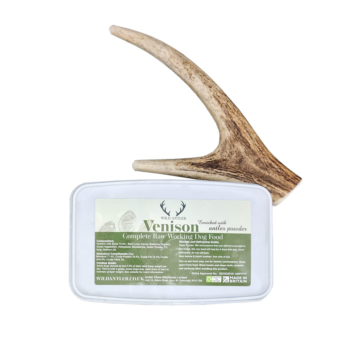 Venison Raw Dog Food 20x500g Plus Large 150g Antler Chew, Low Fat, Enriched with Antler Powder, Human-Grade, Perfect for Working Dogs (Frozen)