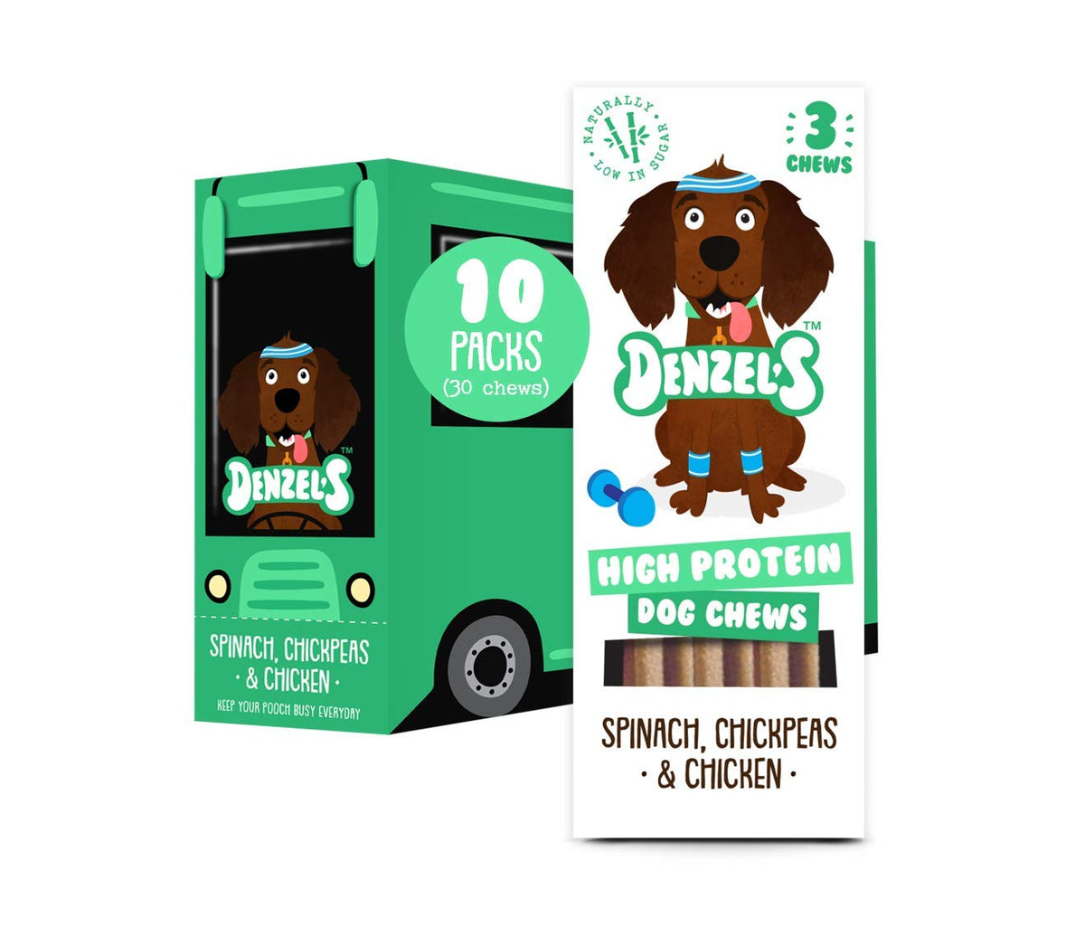 Denzel's Healthy Dog Treats - Low Calorie, Low Fat, Grain Free, Hypoallergenic, Natural Dog Treats - High Protein Dog Chews x 10 Packs (Total 30 Chews - 1 Month Supply)