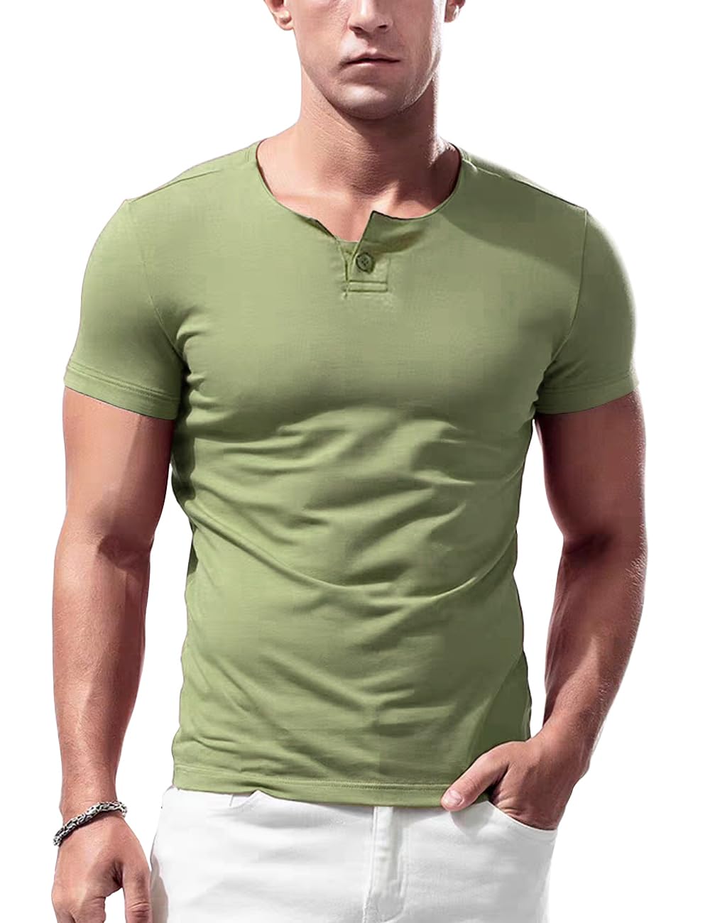 palglg Mens Short Sleeve Cotton Muscle Slim Fitted Sport Henley T-Shirt with Button Light Green XL