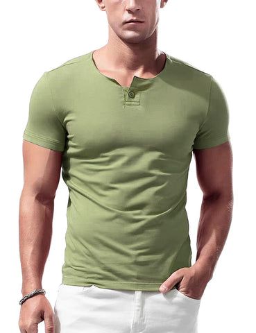 palglg Mens Short Sleeve Cotton Muscle Slim Fitted Sport Henley T-Shirt with Button Light Green XL