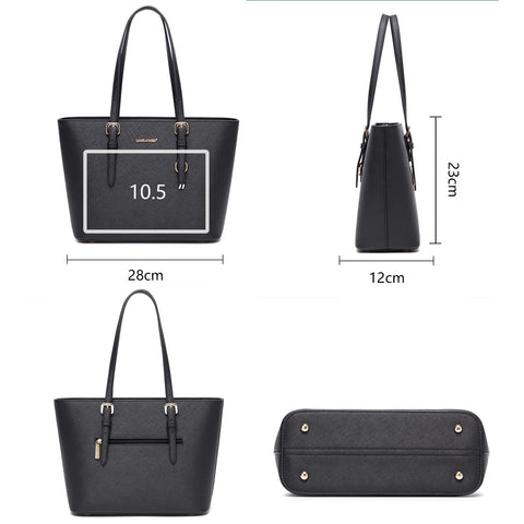 David Jones - Womens Shopping Handbag - Shoulder Bag - PU Leather Long Handle - Shopper Capacity Medium Size - Elegant City Bag - Black
