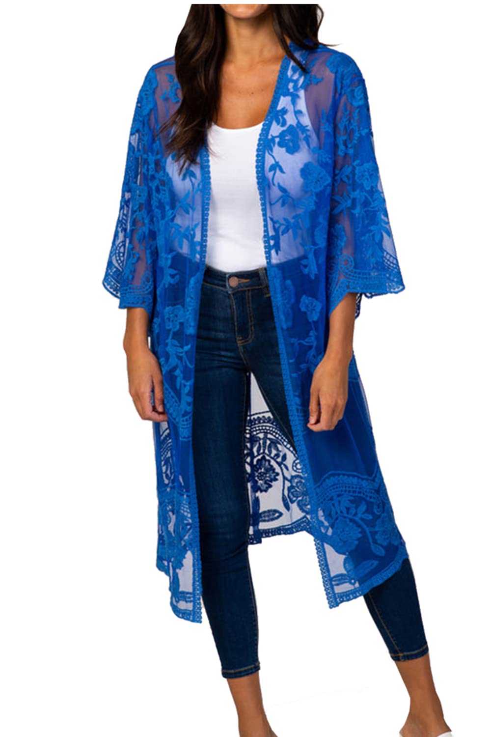 YouKD Women's Lace Cardigan See Through Dress Boho Long Kimono Beach Swimsuit Cover Up Dresses B Royal Blue