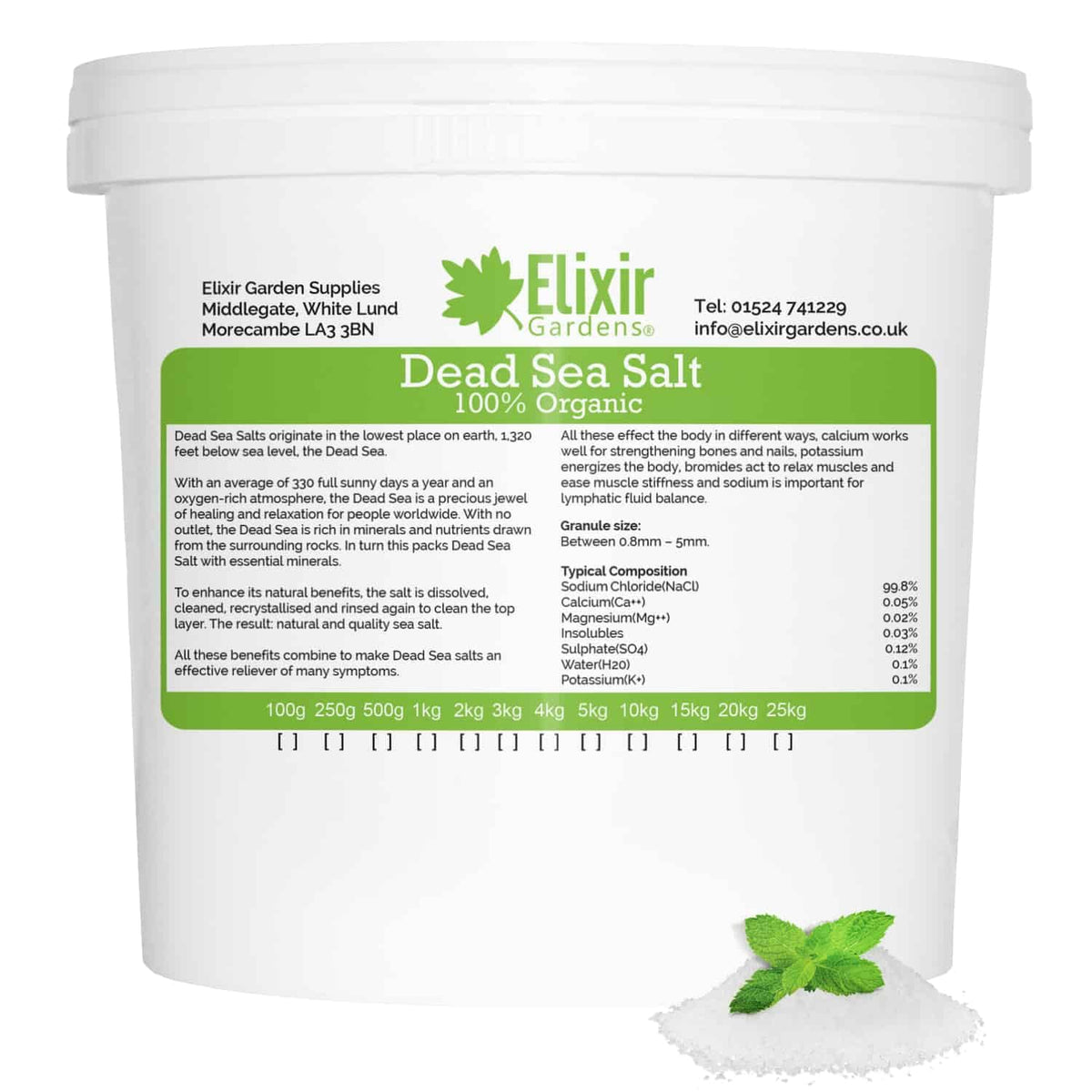 Elixir Gardens Dead Sea Salts 100% Organic 0.8-5mm Granules Tub 5kg