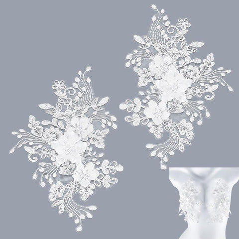 PLIGREAT 2 Pcs 3D White Flower Embroidered Lace Appliques Pearl Flower Embroidery Lace Patches DIY Sewing Craft for Wedding Prom Dress Clothing Accessories Tailor Shop Supplies