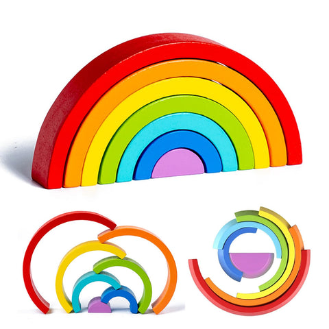 Kiuiom Rainbow Stacking Toys,Wooden Rainbow Stacker,Nesting Puzzle Blocks Building,Early Learning Sensory Stacking Toys,Blocks Educational Toy For Kids,Montessori Geometry Building Blocks