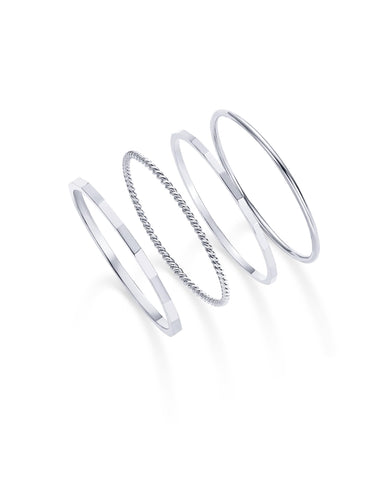 PAVOI 14K Gold Plated Four Pieces Thin Rings Set for Women | 4 Dainty Stacking Rings Pack | Minimalist Stackable Bands (White Gold, 9)