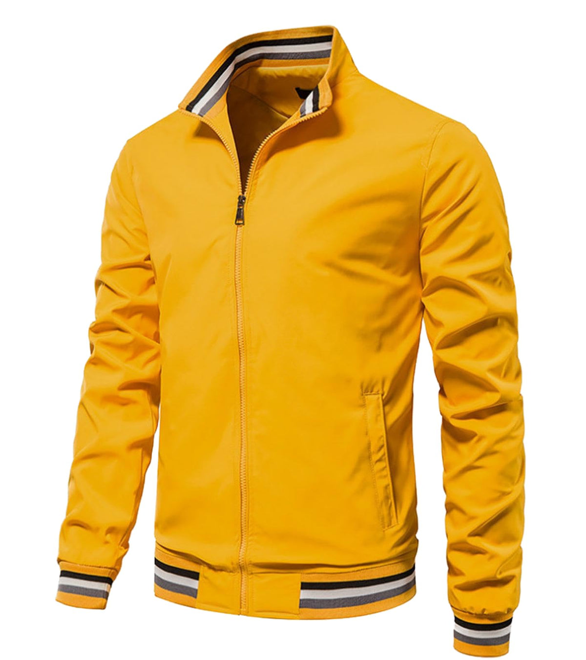 NAKEAH Men's Solid Color Sports Jacket Spring Autumn New Stand Up Collar Zip Pocket Casual Jacket yellow S