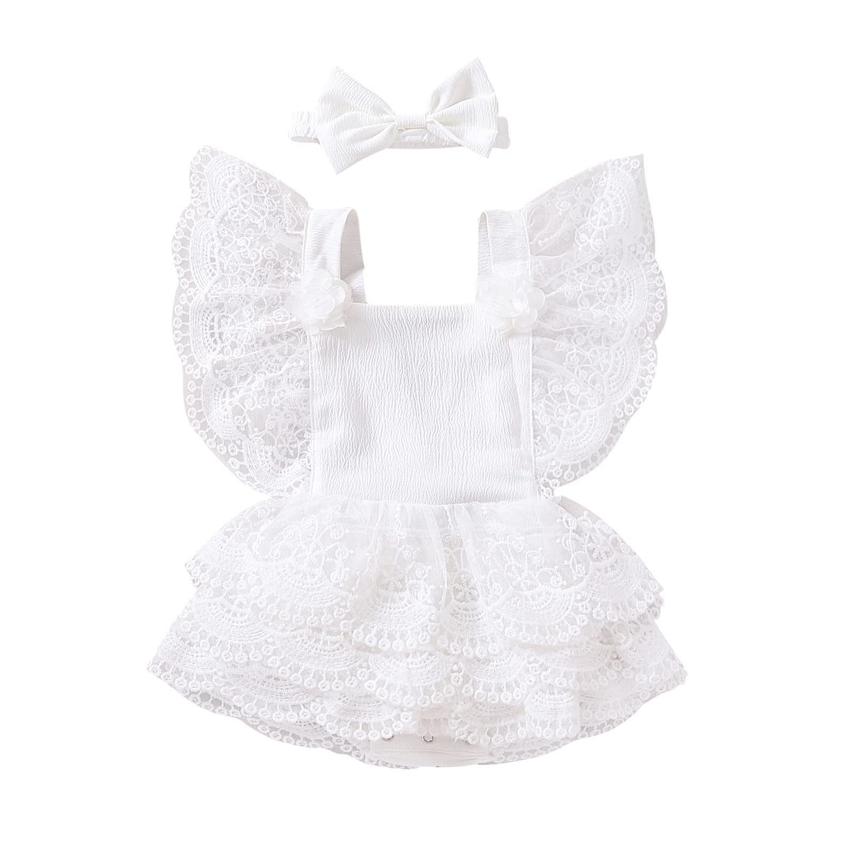 Newborn Baby Girl First Baptism Birthday Outfit Embroidered Lace Tulle Romper Tutu Dress Backless Jumpsuits Christening Formal Dresses Headband Cake Smash Princess Clothes Photo Shoot White 0-3M