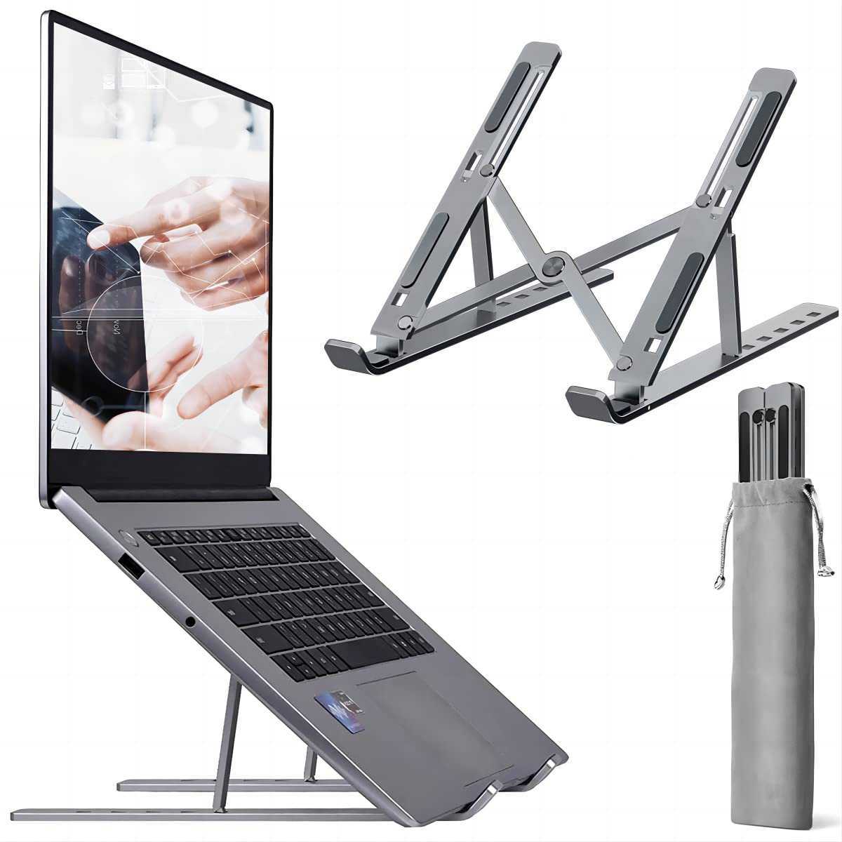 Nestling® Gray Laptop Stand, 6 Level Height Adjustable Laptop Stand Desk, Aluminum Ventilated Cooling MacBook Stand Laptop Riser, Silicone Non-Slip Notebook Riser Mount 10-17