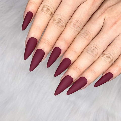 Morily 24pcs Fake Nails Matte Pure Color Medium Long Stiletto Almond Press on Nail False Tips Artificial Finger Manicure for Women (Wine Red)
