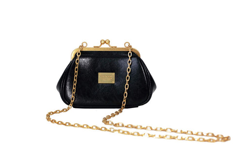 Women Small Retro Leather Crossbody Evening Shoulder Bags With Premium Copper Chain (Black)